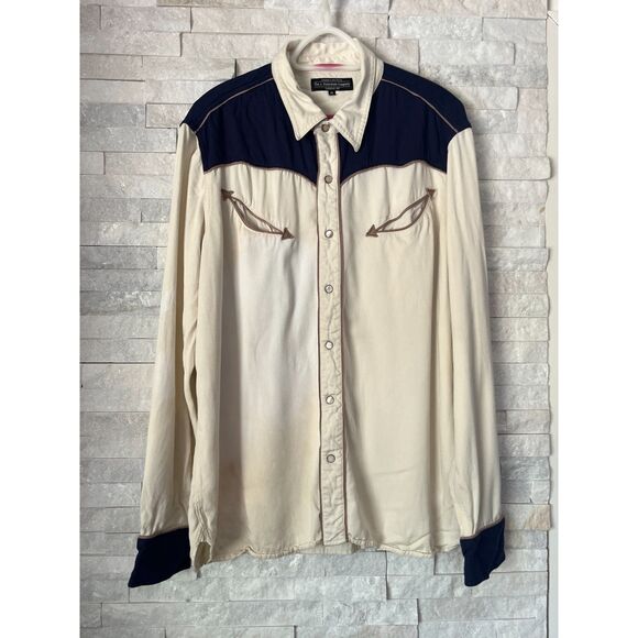 Vintage The J. Peterman Co Ivory Blue Pearl Snap Western Shirt Top  Mens Size XL - Picture 2 of 14